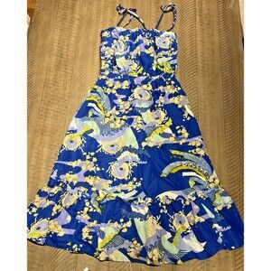Vintage Pomare Hawaii Dress Ruffle Floral Size Medium Blue Retro Summer Tropical